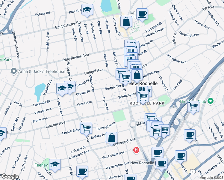 map of restaurants, bars, coffee shops, grocery stores, and more near 91 Horton Avenue in New Rochelle