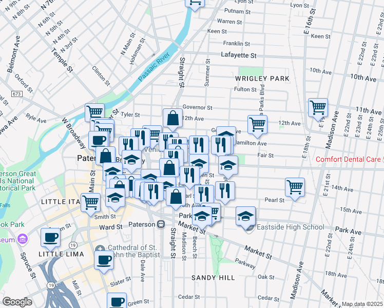 map of restaurants, bars, coffee shops, grocery stores, and more near 63 Auburn Street in Paterson