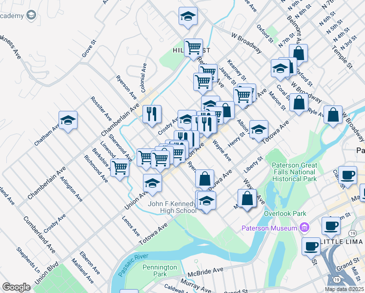 map of restaurants, bars, coffee shops, grocery stores, and more near 215 Paterson Avenue in Paterson