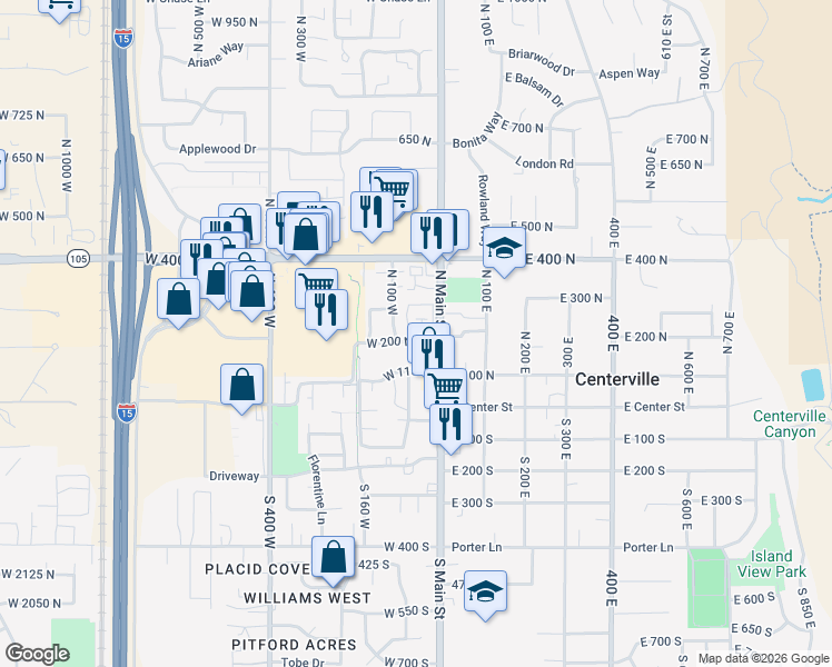 map of restaurants, bars, coffee shops, grocery stores, and more near 56 West 200 North in Centerville