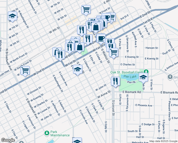 map of restaurants, bars, coffee shops, grocery stores, and more near 308 South Cleburn Street in Grand Island