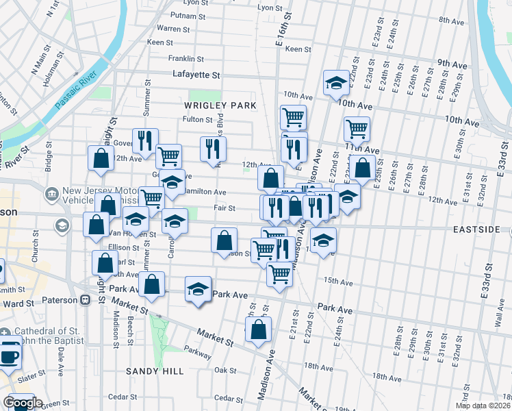 map of restaurants, bars, coffee shops, grocery stores, and more near 353 Fair Street in Paterson