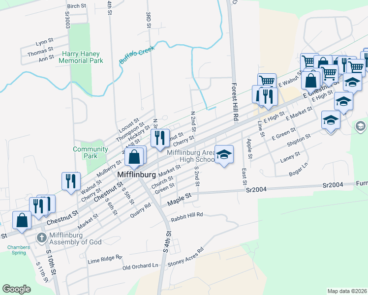 map of restaurants, bars, coffee shops, grocery stores, and more near Cherry Street in Mifflinburg