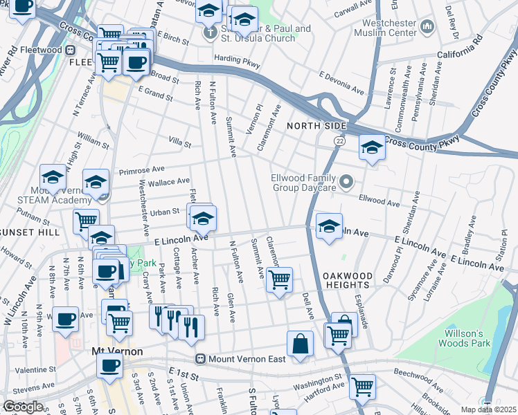map of restaurants, bars, coffee shops, grocery stores, and more near 228 Claremont Avenue in Mount Vernon