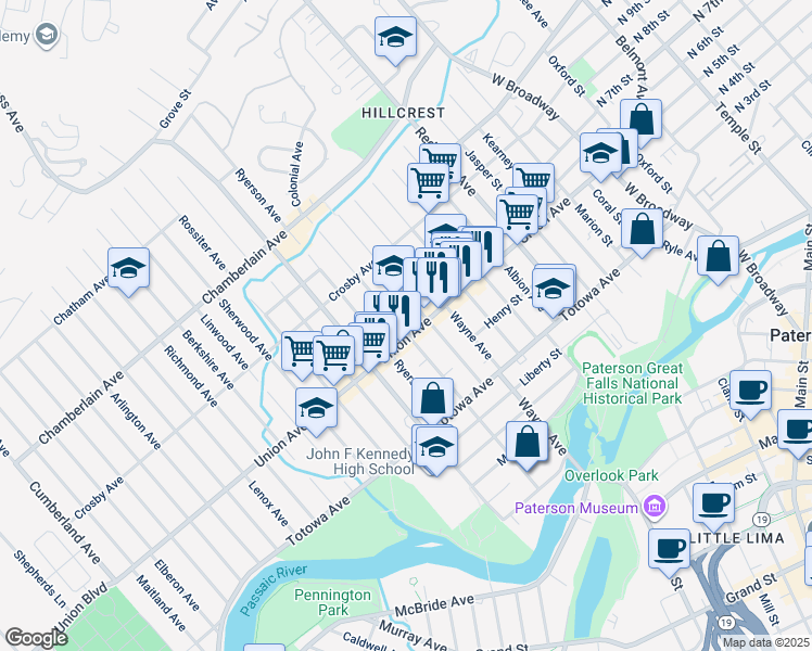 map of restaurants, bars, coffee shops, grocery stores, and more near 182 Paterson Avenue in Paterson