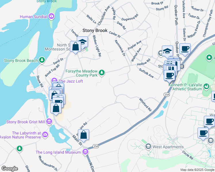 map of restaurants, bars, coffee shops, grocery stores, and more near 4 Equestrian Court in Stony Brook