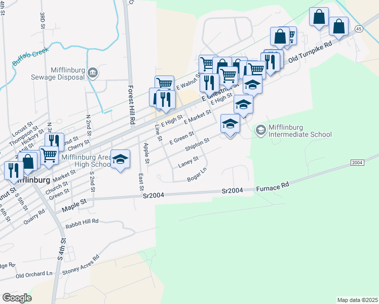 map of restaurants, bars, coffee shops, grocery stores, and more near 76 Shipton Street in Mifflinburg