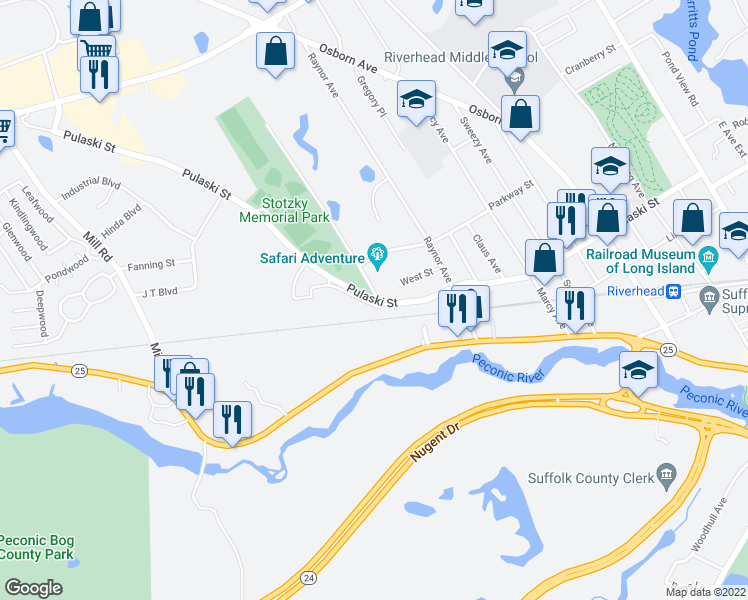 map of restaurants, bars, coffee shops, grocery stores, and more near 1046 Pulaski Street in Riverhead