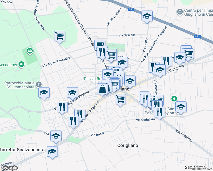 map of restaurants, bars, coffee shops, grocery stores, and more near 45 Via Fratelli Rosselli in Qualiano
