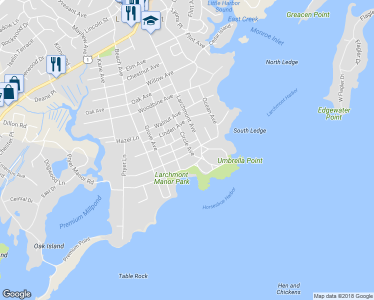 map of restaurants, bars, coffee shops, grocery stores, and more near 9 Cedar Avenue in Larchmont