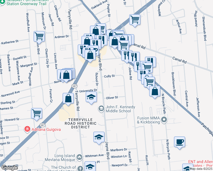 map of restaurants, bars, coffee shops, grocery stores, and more near 6 Cully Street in Port Jefferson Station