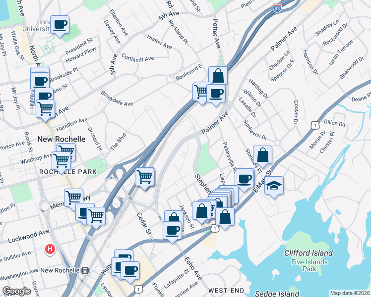 map of restaurants, bars, coffee shops, grocery stores, and more near 2525 Palmer Avenue in New Rochelle
