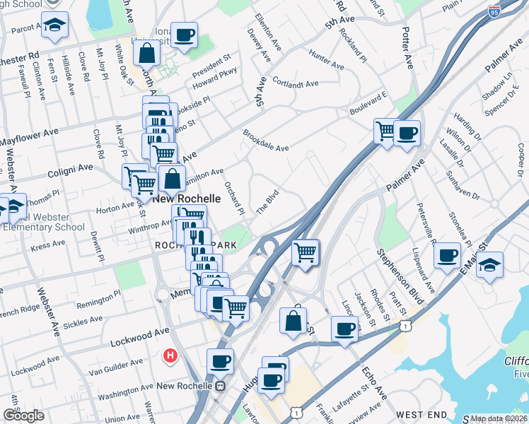 map of restaurants, bars, coffee shops, grocery stores, and more near 1 The Serpentine in New Rochelle