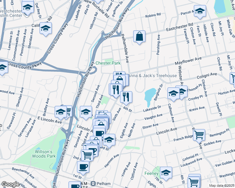 map of restaurants, bars, coffee shops, grocery stores, and more near 529 Fourth Avenue in Village of Pelham