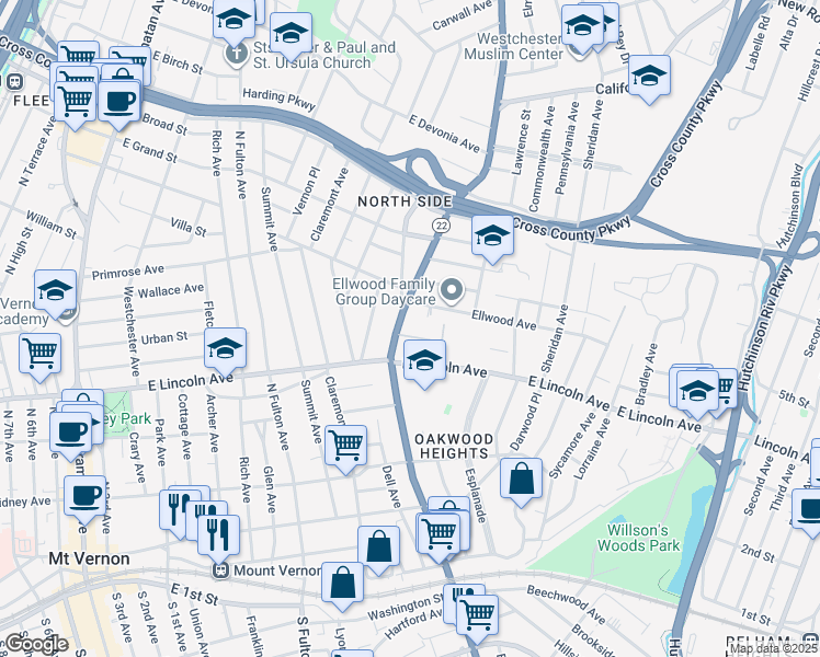 map of restaurants, bars, coffee shops, grocery stores, and more near 12 Ellwood Avenue in Mount Vernon