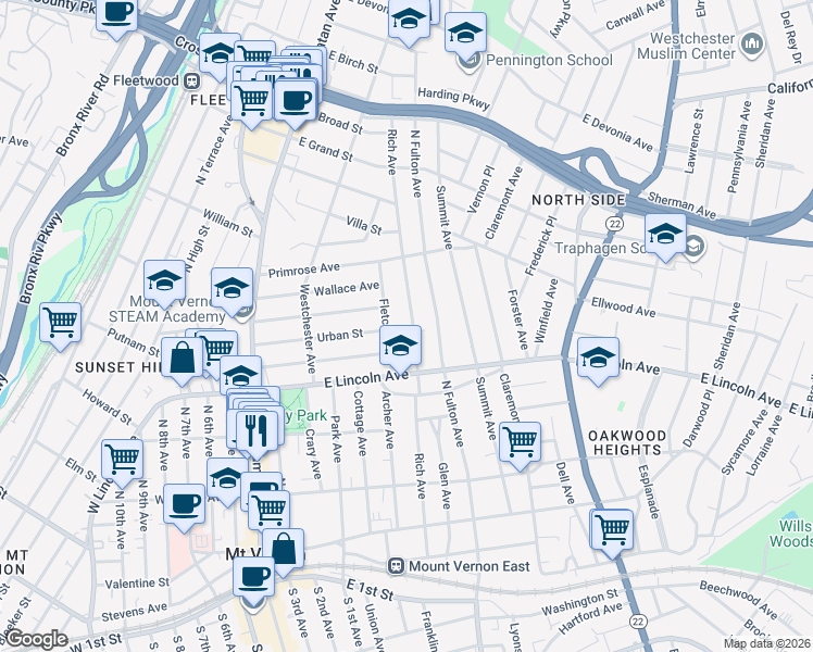 map of restaurants, bars, coffee shops, grocery stores, and more near 256 Rich Avenue in Mount Vernon