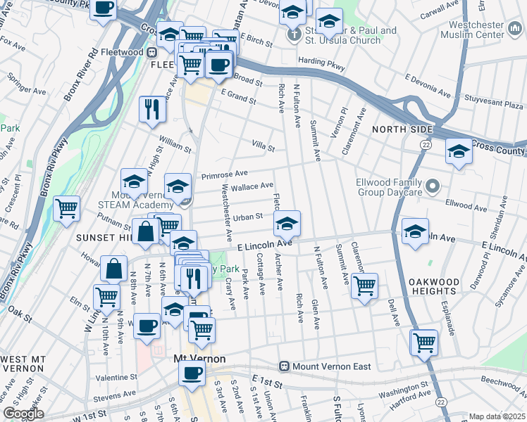 map of restaurants, bars, coffee shops, grocery stores, and more near 155 Overlook Street in Mount Vernon
