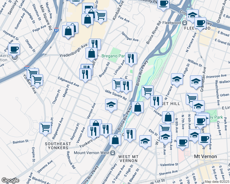 map of restaurants, bars, coffee shops, grocery stores, and more near 21 Halley Street in Yonkers