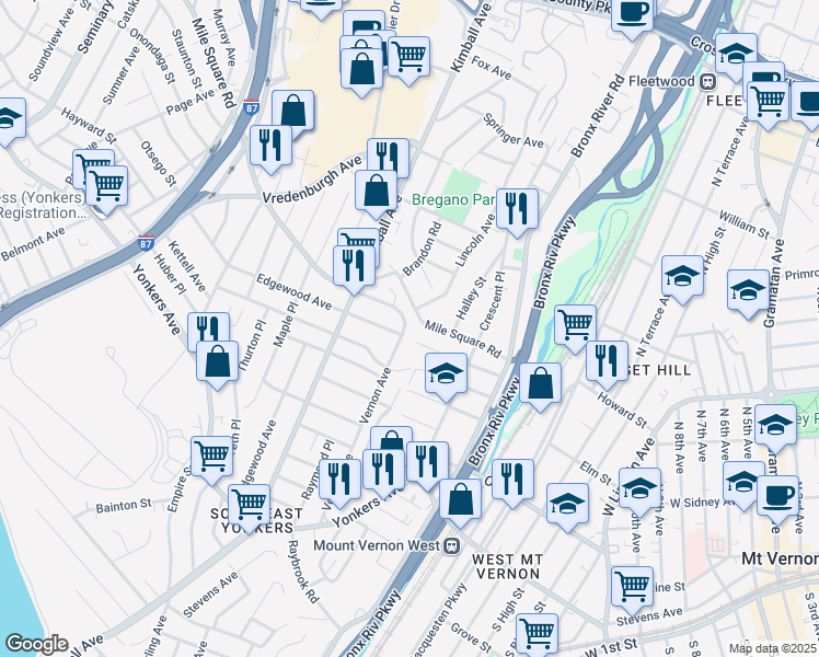map of restaurants, bars, coffee shops, grocery stores, and more near 1092 Mile Square Road in Yonkers