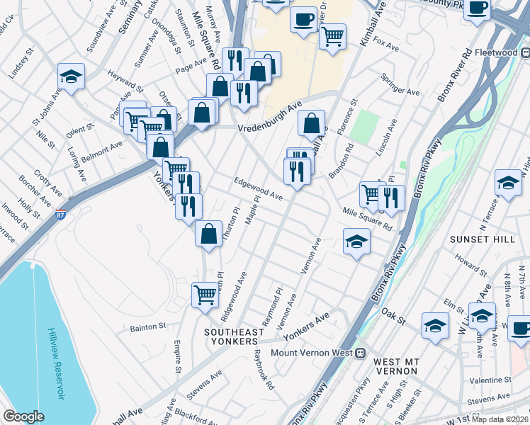 map of restaurants, bars, coffee shops, grocery stores, and more near 158 Edgewood Avenue in Yonkers