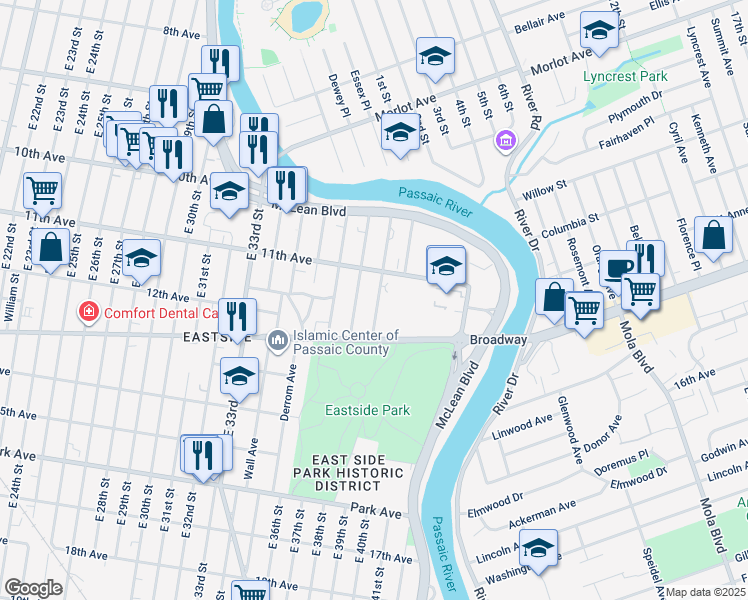 map of restaurants, bars, coffee shops, grocery stores, and more near 86 East 39th Street in Paterson