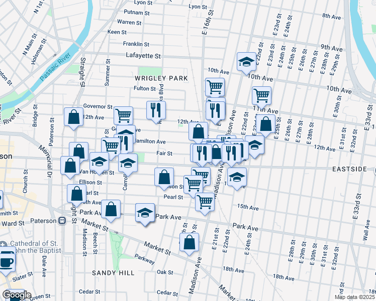 map of restaurants, bars, coffee shops, grocery stores, and more near 341 Hamilton Avenue in Paterson
