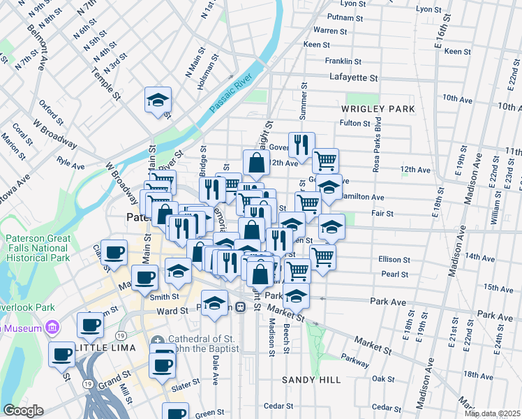 map of restaurants, bars, coffee shops, grocery stores, and more near 147 Fair Street in Paterson