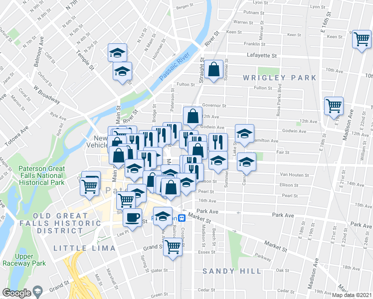 map of restaurants, bars, coffee shops, grocery stores, and more near 103 Fair Street in Paterson