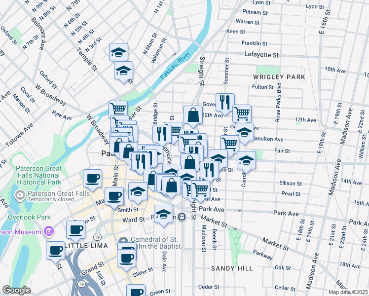 map of restaurants, bars, coffee shops, grocery stores, and more near 103 Fair Street in Paterson