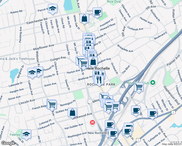 map of restaurants, bars, coffee shops, grocery stores, and more near 27 Horton Avenue in New Rochelle