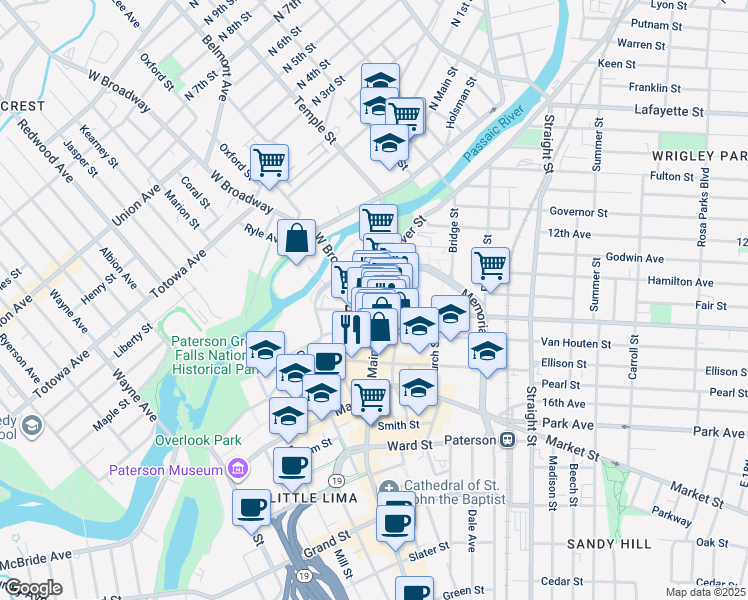 map of restaurants, bars, coffee shops, grocery stores, and more near 100 Main Street in Paterson