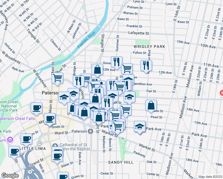 map of restaurants, bars, coffee shops, grocery stores, and more near 63 Auburn Street in Paterson