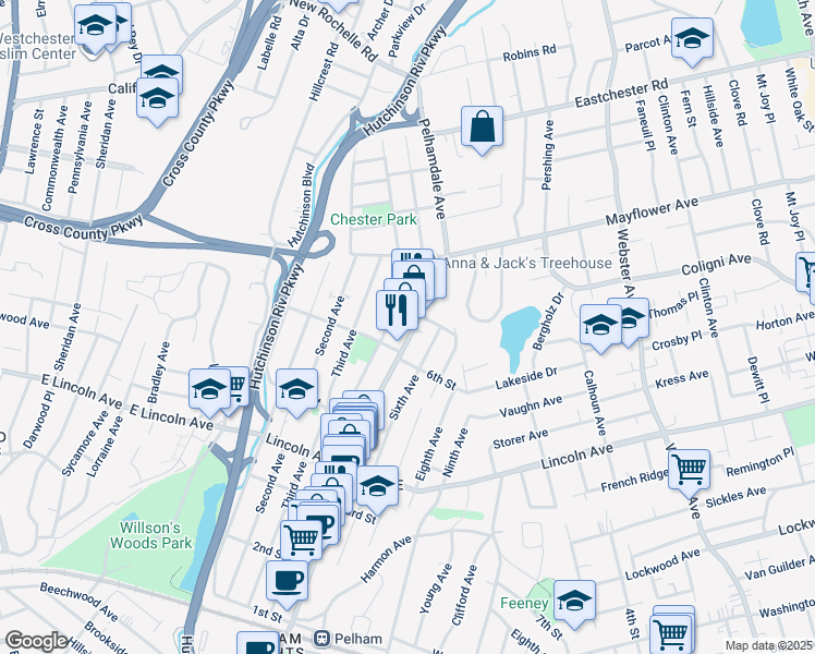 map of restaurants, bars, coffee shops, grocery stores, and more near 529 Fourth Avenue in Village of Pelham