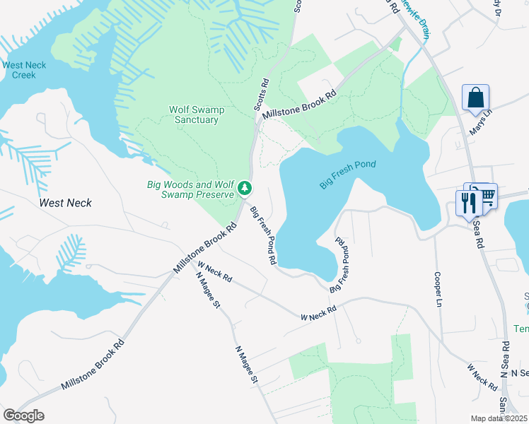 map of restaurants, bars, coffee shops, grocery stores, and more near 7 Wolf Swamp Lane in Southampton