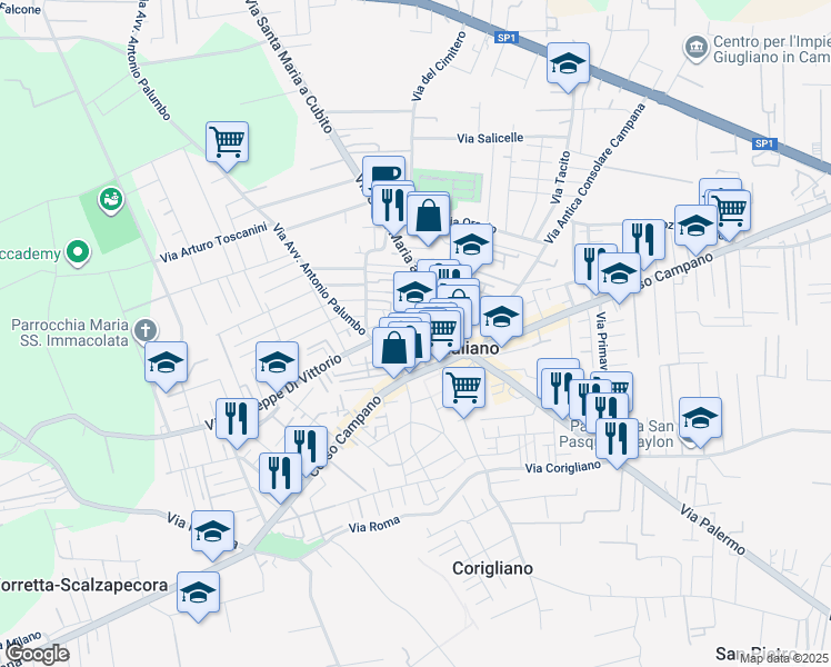 map of restaurants, bars, coffee shops, grocery stores, and more near 45 Via Fratelli Rosselli in Qualiano