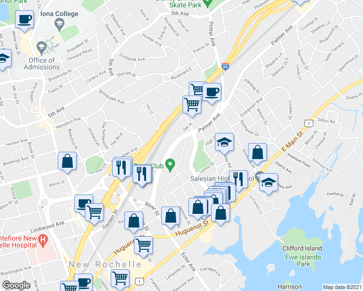 map of restaurants, bars, coffee shops, grocery stores, and more near 2525 Palmer Avenue in New Rochelle