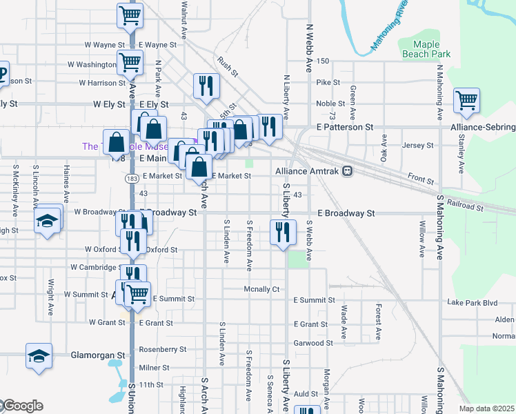 map of restaurants, bars, coffee shops, grocery stores, and more near 508 East Broadway Street in Alliance