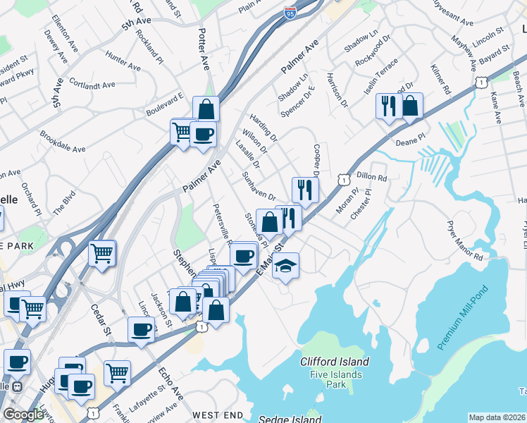 map of restaurants, bars, coffee shops, grocery stores, and more near 52 Sunhaven Drive in New Rochelle