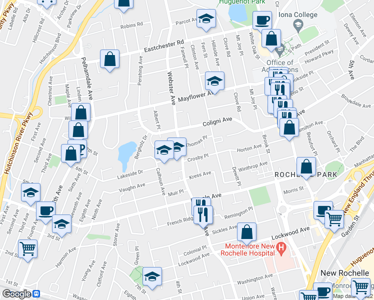 map of restaurants, bars, coffee shops, grocery stores, and more near 20 Thomas Place in New Rochelle