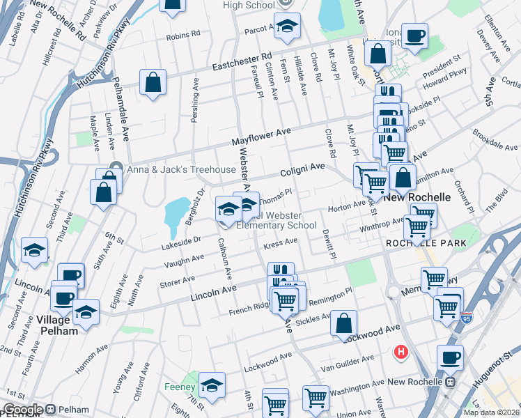 map of restaurants, bars, coffee shops, grocery stores, and more near 20 Thomas Place in New Rochelle