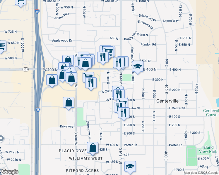 map of restaurants, bars, coffee shops, grocery stores, and more near 232 North 100 West in Centerville