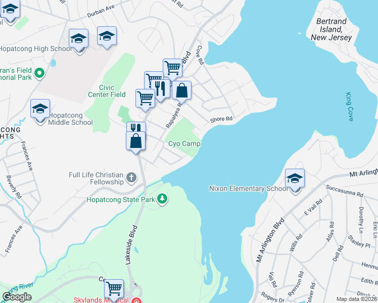 map of restaurants, bars, coffee shops, grocery stores, and more near 9 Boomer Road in Hopatcong