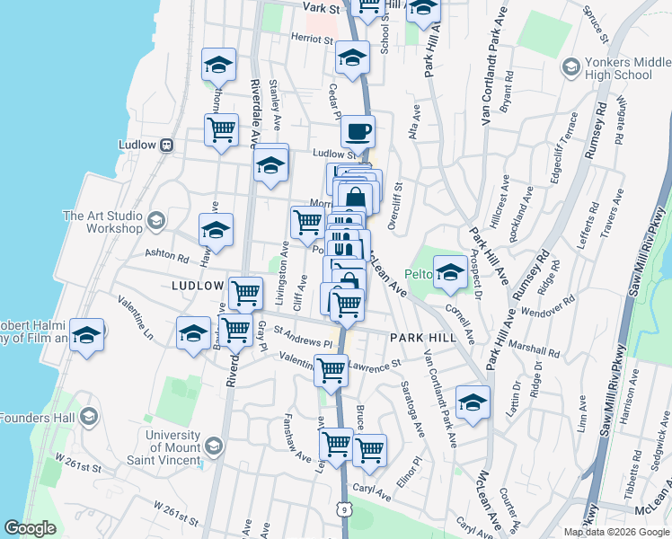 map of restaurants, bars, coffee shops, grocery stores, and more near 26 Post Street in Yonkers