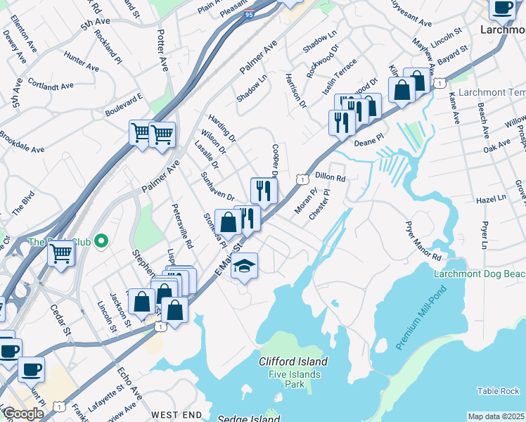 map of restaurants, bars, coffee shops, grocery stores, and more near 47 Harding Drive in New Rochelle