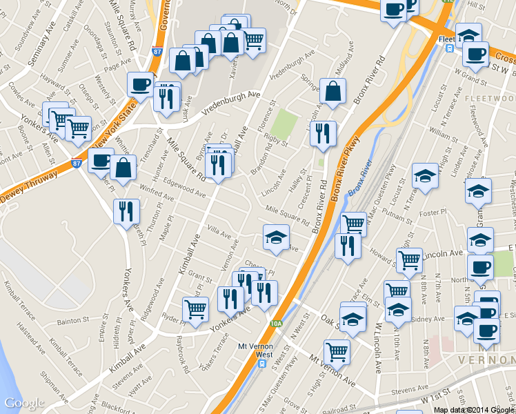map of restaurants, bars, coffee shops, grocery stores, and more near 1092 Mile Square Road in Yonkers