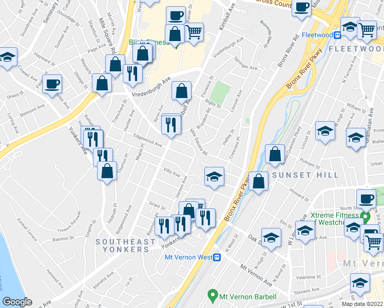 map of restaurants, bars, coffee shops, grocery stores, and more near 187 Vernon Avenue in Yonkers
