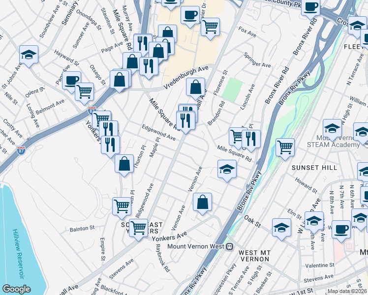 map of restaurants, bars, coffee shops, grocery stores, and more near 548 Kimball Avenue in Yonkers