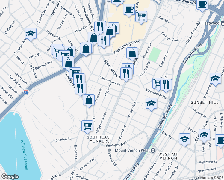 map of restaurants, bars, coffee shops, grocery stores, and more near 158 Edgewood Avenue in Yonkers