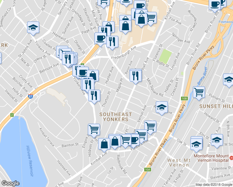 map of restaurants, bars, coffee shops, grocery stores, and more near 207 Winfred Avenue in Yonkers