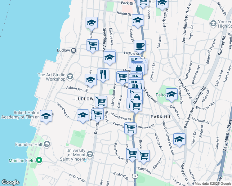 map of restaurants, bars, coffee shops, grocery stores, and more near 50 Post Street in Yonkers